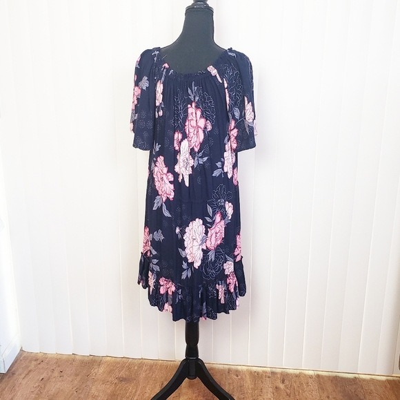 blue island Dresses & Skirts - BLUE ISLAND Ruched Floral Blue Pink Short Sleeve Dress Size Large
